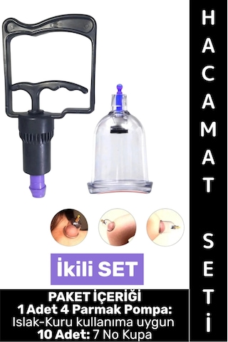Hacamatseti Islak Kuru Kullanıma Uygun 4 Parmak Pompa 10 Adet 7 No Kupa Çekme İkili Hacamat Seti