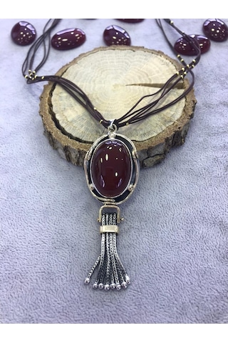 Kahverengi Akik Taşlı Gümüş Kolye 925 Ayar 512655438