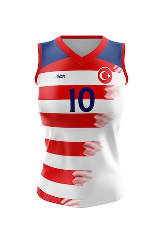 Voleybol Forması Dijital Baskı Kişiye Özel Tasarım Tek Üst M716 Beyaz - Kırmızı - Mavi