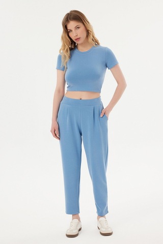 Hiccup Yuvarlak Yaka Temel Crop Top Mavi