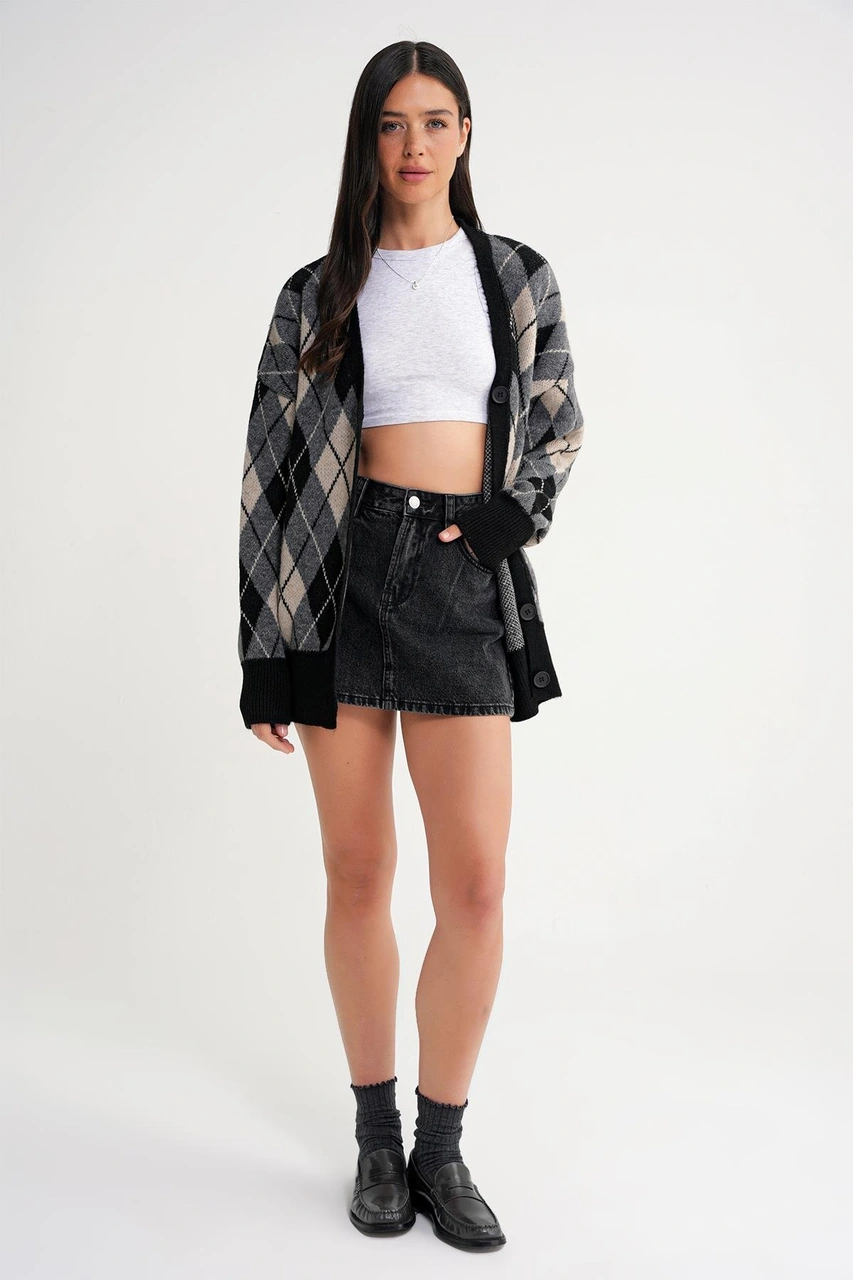 6937 Kadın Baklava Desenli Oversize Triko Hırka Siyah Siyah