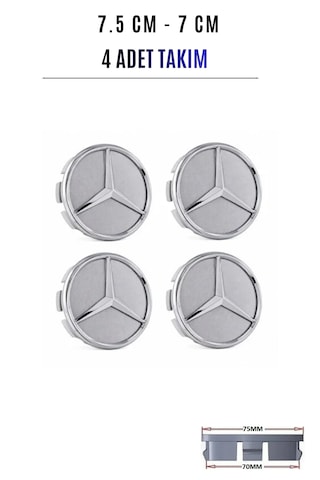 Mercedes Uyumlu Gri Jant Göbeği Kapağı Arması 75 Mm 7,5 Cm 4'lü Takım
