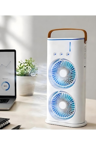 Şarjlı Spreyli Buzlu Fan Vantilatör / Çift Fanlı Buharlı Hava Soğutucu / 120ml / Kumandalı / Salınım Özelliğ