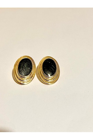 Vintage Gold Oval Siyah Taşlı Küpe - Retro Şıklık Altın - Siyah