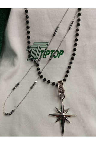 Tiptop/ Siyah Boncuklu Gümüş Renk Kutup Yıldızı Ve Silver Çelik Kolye 2'li Set Gümüş - Siyah