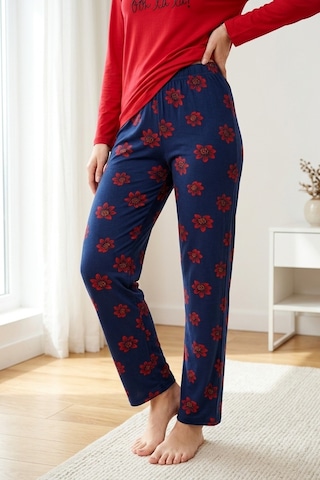 Aura Collections Kadın Desenli Bambu Viskon Uzun Kollu Soft Örme Mevsimlik Pijama Takımı Kırmızı
