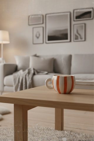 Turuncu Çizgili 400 Ml El Yapımı Seramik Çay Kahve Mug Kupası Mıt1323 Turuncu - Beyaz
