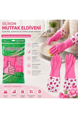 Enfa Enf-1399 Su Geçirmez Uzun Kollu Silikon Eldiven - L Beden Çiçek Desenli- 10'li Paket