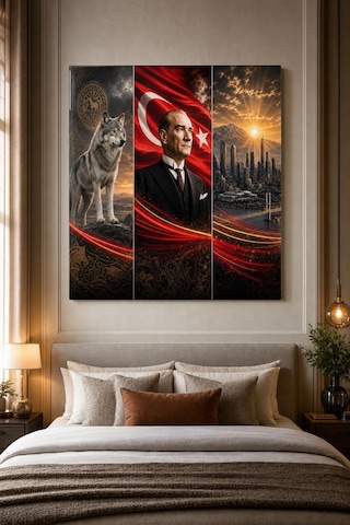 Atatürk Türk Bayrağı Bozkurt Baskılı Cam Tablo Uv Baskı Dekoratif Duvar Tablosu