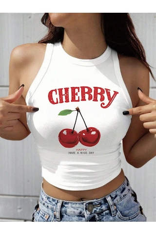 Afri Kadın Beyaz "Cherry" Baskılı Kolsuz Crop Atlet - Yazlık Sokak Stili Beyaz