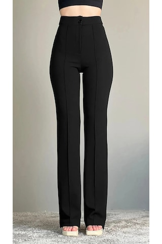 Krep Kumaş Likralı Önü Çimalı Kahverengi Kadın Palazzo Pantolon Siyah