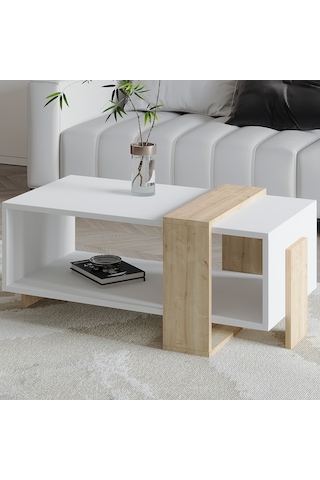 Meleni Orta Sehpa 90 Cm Modern Tasarım Raflı Beyaz/safir Meşe