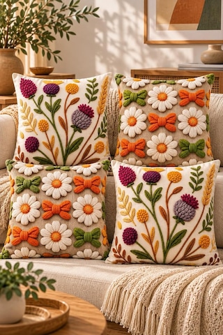 4'lü Set Çiçekli Dekoratif Kırlent Kılıfı 43x43 Cm, 3d Efektli Dijital Baskılı - Renkli Kır Bahçesi Çok Renkli