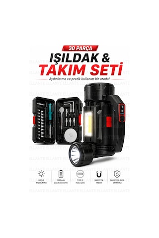 30 Parça Şarjlı Fener & Tamir Seti Güçlü Aydınlatma + Pratik El Aletleri