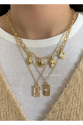 3'lü Gold Charm Deniz Kabuğu Mineli Kaktüslü Kolye Set Altın Altın