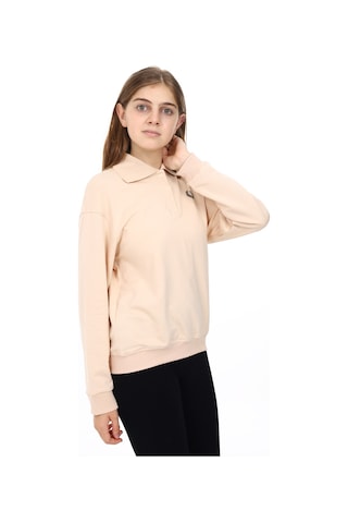 Toontoy Kız Çocuk Oversize Polo Yaka Düşük Omuz Nakış Baskılı Sweatshirt - 2 İplik Bej
