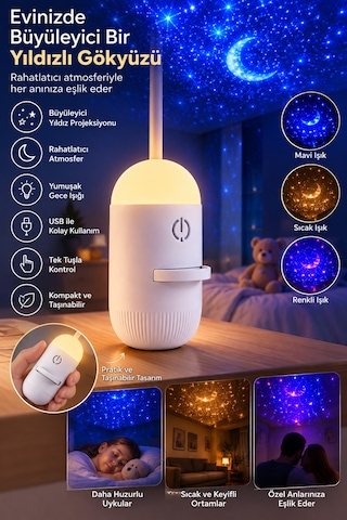 Romantik Atmosfer İçin Ay Yıldız Projeksiyonlu Gece Lambası Sarı