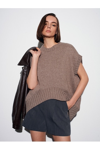Dilvin 10839 Yün Karışımlı Oversize Süveter - Vizon