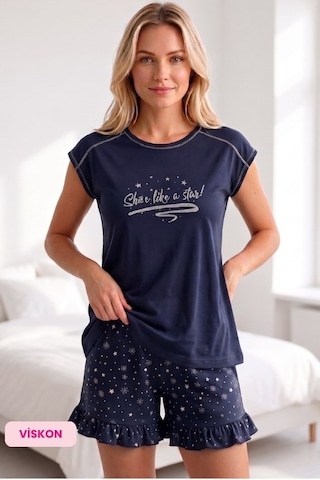 Guava Rahat Düğmesiz Kadın Bisiklet Yaka Yazlık Viskon Kısa Kol Mini Şortlu Pijama Takımı lacivert