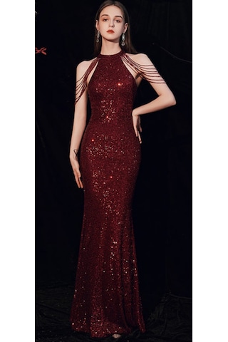Hanife Glam Couture Hanife Glam Halter Yaka Taş Tasarımlı Pul Payet Abiye Elbise Bordo