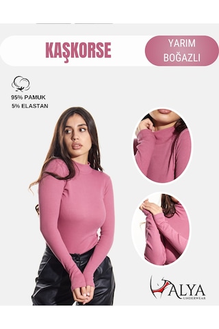Kaşkorse Yarım Boğaz Body Sweatshirt, Fitilli Kumaş, Likralı, Bordo Gül Kurusu