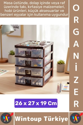 Takıorganizer Dayanıklı Plastik Masa Üstü Dolap Raf Küçük Eşya 4 Çekmeceli Komidin Mini Organizer Çok Renkli