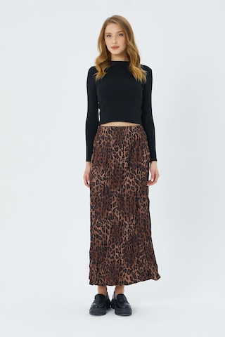 4619 Kadın Leopar Desen Kraşlı Saten Etek Kahve Kahve