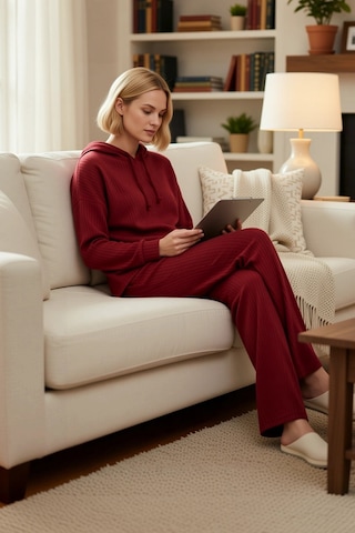 Benerly Kadın Kapüşonlu Düşük Kol Relaxed Kalıp Örme Pijama Takımı Uzun P bordo