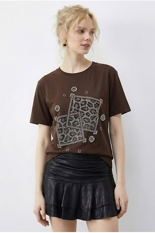 Shade Kadın Taş Baskılı Leopar Desenli Bisiklet Yaka Regular Fit T-shirt 2209 60283975 - Kahverengi