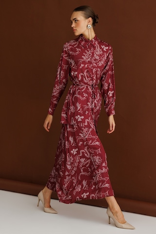 Mizalle Bordo Desenli Evaze Uzun Saten Etek Bordo