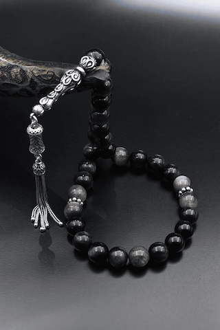 Doğal Obsidyen Taşlı Tesbih 925 Ayar Gümüş Püsküllü 10mm Küre Kesim 902618
