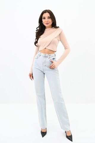 Kadın Dik Yaka Drapeli Kapaklı Crop Bluz 1655-24 001