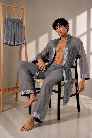 Qmen Style Erkek Şifon 3'lü Kimono - Pijama - Şort Seti Gri