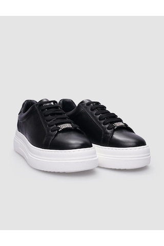 %100 Hakiki Deri Siyah Bağcıklı Kadın Sneaker-siyah Siyah