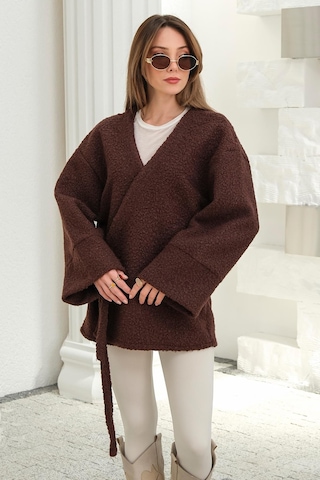 Olcay Önü Bağlamalı Buklet Kimono Ceket Kahve 8265