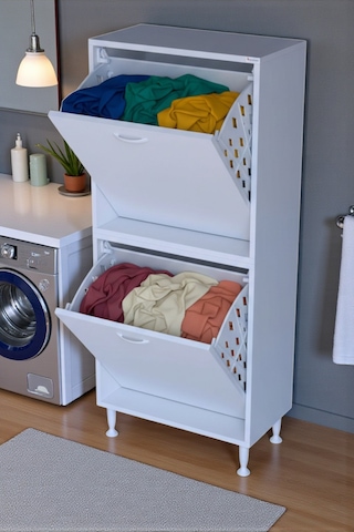 Eliusta Veluna 60 Cm Kirli Çamaşır Sepetli Dolap Banyo Dolabı Beyaz 60x138x32,5 Cm 2 Sepetli Dolap Beyaz