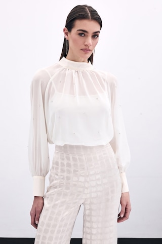 Sateen Taş Detaylı Transparan Bluz - Krem-135756 Krem