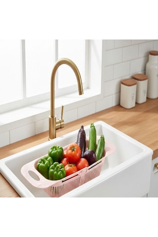 Sürgülü Pratik Ayarlanabilir Lavabo Süzgeci, Ayarlı Süzgeç, Meyve Sebze Salata Yıkama Süzgeci Pembe Çok Renkli