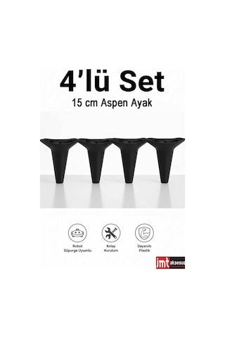 Aspen 15 Cm Siyah 4'lü Set Koltuk Baza Dolap Tv Ünitesi Yatak Odası Konsol Ayağı Beyaz
