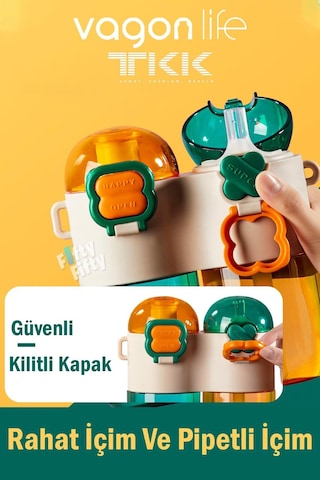 Tkk Tek Gövde Çift Hazne 2x400 800 Ml Sıvı Kapasiteli Boyun Askılı Pipetli /rahat İçim Tritan Matara 001