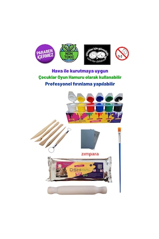 Seramik Hamuru Başlangıç Seti 9 -guaj Boya, Ebeşuar, Merdane, Fırça, 1000gr Beyaz Doğal Kil, Zımpara