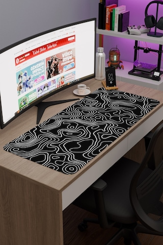 Siyah Beyaz 90x40 Xxl Taraftar Gaming Oyuncu Mouse Pad Kaymaz Taban Büyük Fare Altlığı Topography