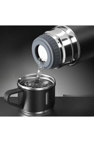 Zhltools Üç Bardaklı Kutulu Paslanmaz Termos Seti Siyah 500 Ml Çelik Termos Siyah