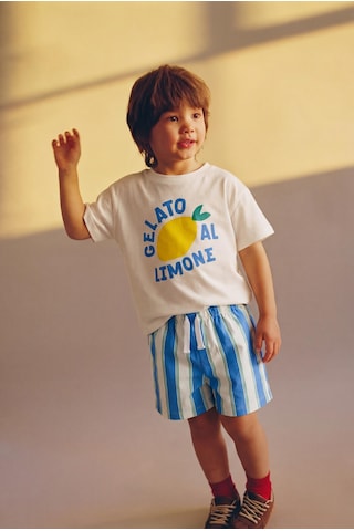 Erkek Çocuk Pamuklu Beyaz Limon Baskılı T-shirtli Çizgili Şort Takım Çok Renkli