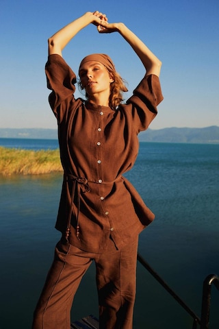 Defacto %100 Keten Regular Fit Bağcıklı Uzun Kollu Tesettür Gömlek Tunik D4394AX24HS Kahve