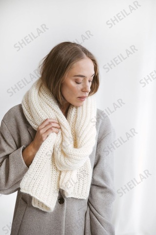Sheilar Selanik Örgü Triko Atkı Açık Beyaz Açık Beyaz