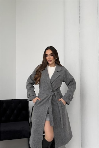 Neşeli Butik Kadın Antrasit Kuşaklı Reglan Kol Düğmeli Premium Kaşe Kaban Nbkbn01 Antrasit