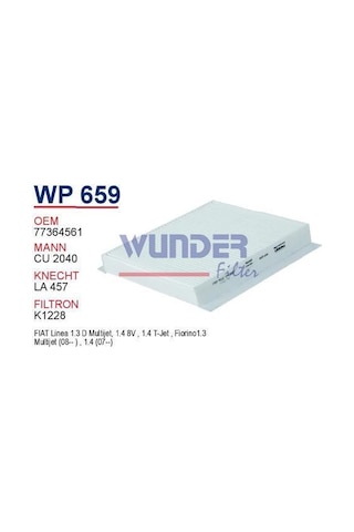 WUNDER WP659 Polen Filtresi Linea 07- Egea 15- Doblo 10- Fiorino 08- / Bipper / Nemo Cu2040 WUNDER WP659 Polen Filtresi Linea 07- Egea 15- Doblo 10- Fiorino 08- / Bipper / Nemo Cu2040