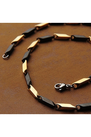 Sarı Siyah Erkek Çelik Zincir Kolye Takı Aksesuar K24 T5