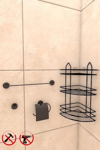 Alper Banyo Yapışkanlı Siyah 3 Katlı Banyo Rafı EK03 Lotus Açık Kağıtlık Uzun Havluluk V Bornoz Askılık Siyah
